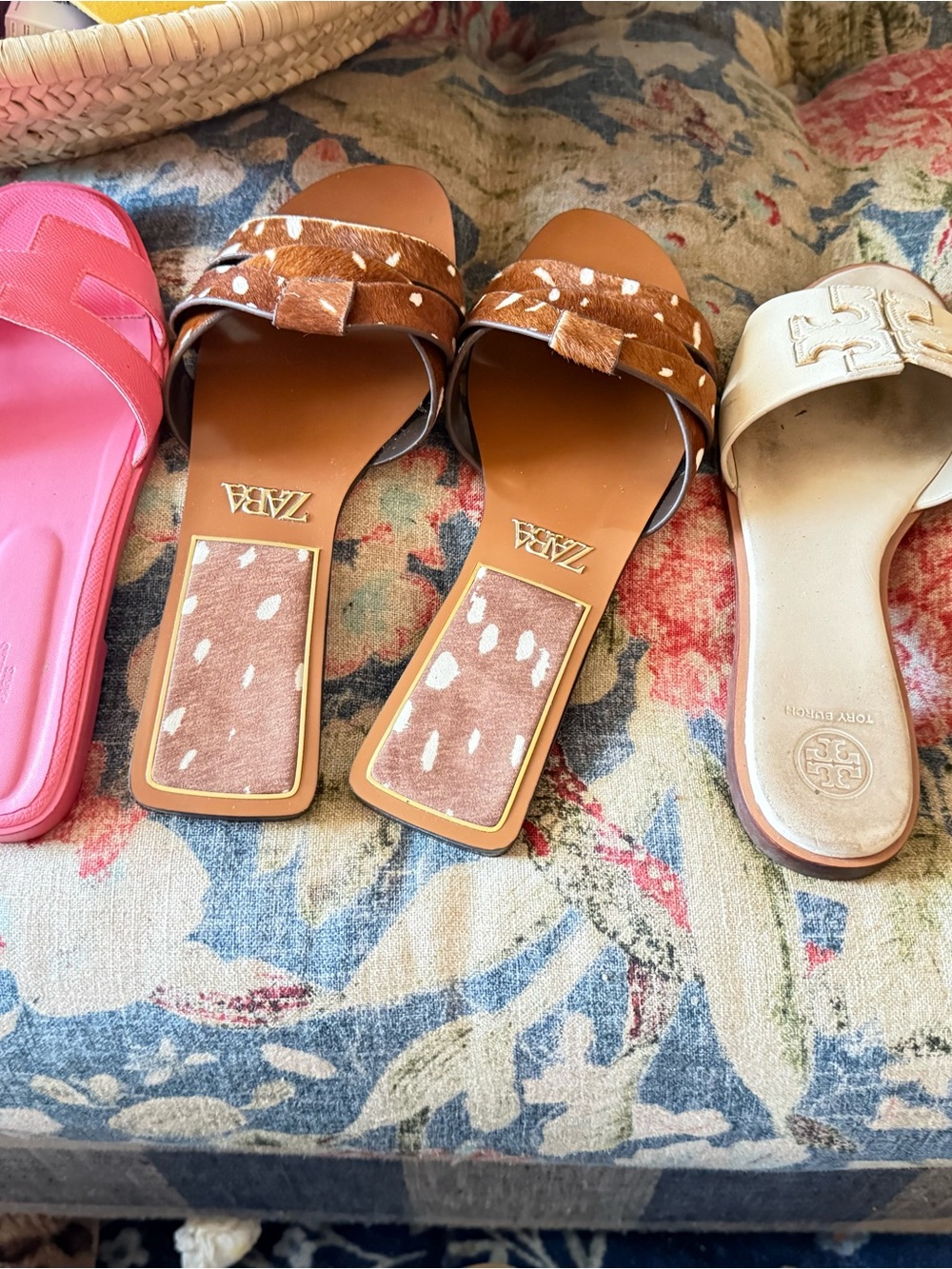 Zara Brown and Cream Spot-Print Slide Sandals